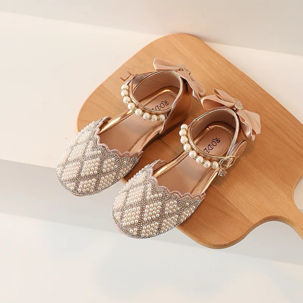 Girls Mary Jane Ballerina Flat Dress Shoes Pearl Rhinestone Glitter flats - Picture 3 of 10